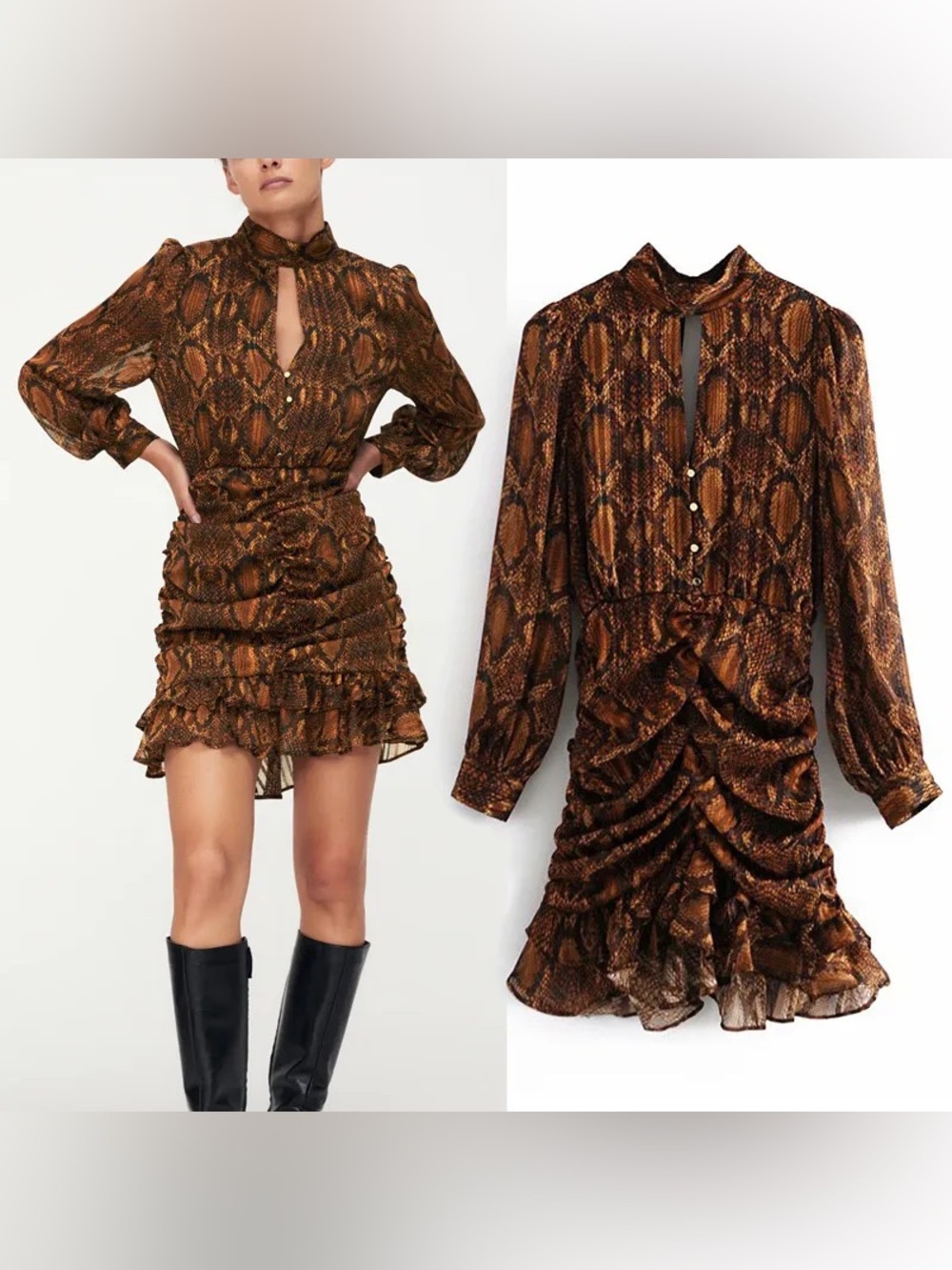 Zara Brown and Black Snake-Print Ruched Mini Dress